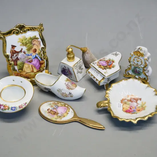 assorted Limoges china including piano trinket box, mirror, picture H120, perfume atomiser, etc.