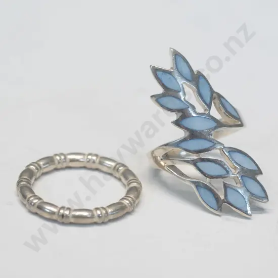 silver ring with light blue leaf like design & silver ring both stamped 925