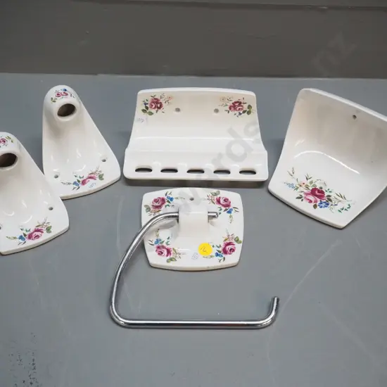 floral pattern Crown Lynn bathroom set including toothbrush, toilet paper and towel rail holders and soap dish