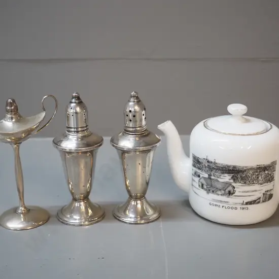 small sterling silver miniature oil lamp, 1930 Gore flood teapot, weighted sterling salt & pepper, damage to one