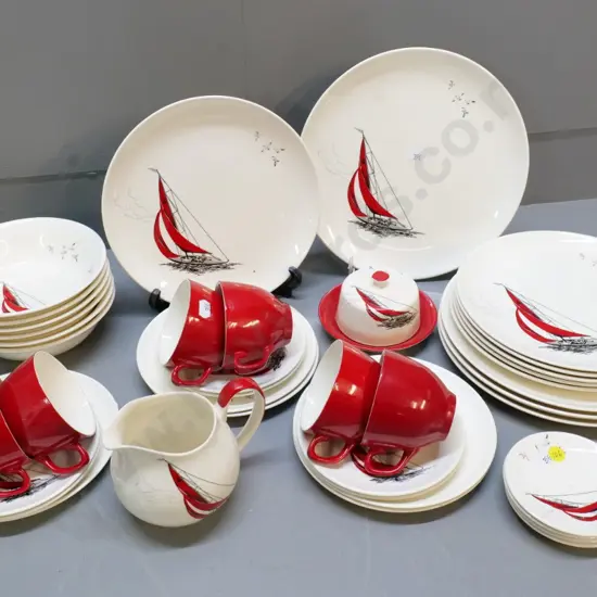 assorted Palissy Red Regatta dinnerware - includes 6 cups & saucers. Chip to one dessert