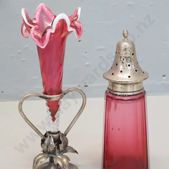 2 pieces ruby glass - sugar caster w/sterling silver top and single epergne vase with frilled milk glass rim H-180