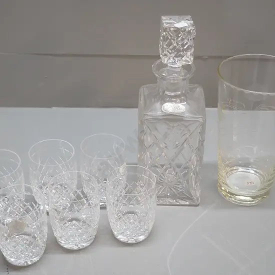 'Julia' Bohemian crystal stoppered decanter H280, 6 Webb-Corbett cut crystal tumblers, and a large etched glass vase
