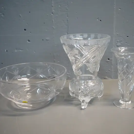 3 pieces cut crystal including footed vase, trumpet vase (Webb Corbett?) and Stuart fruit bowl