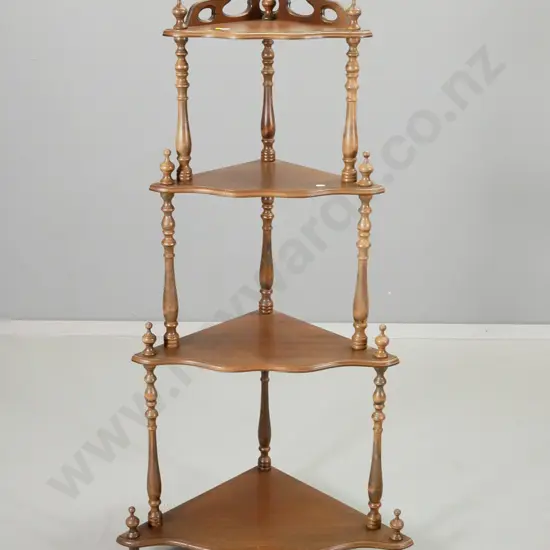 reproduction mahogany 4-shelf corner whatnot with spindle upstands H1220 W620 D350