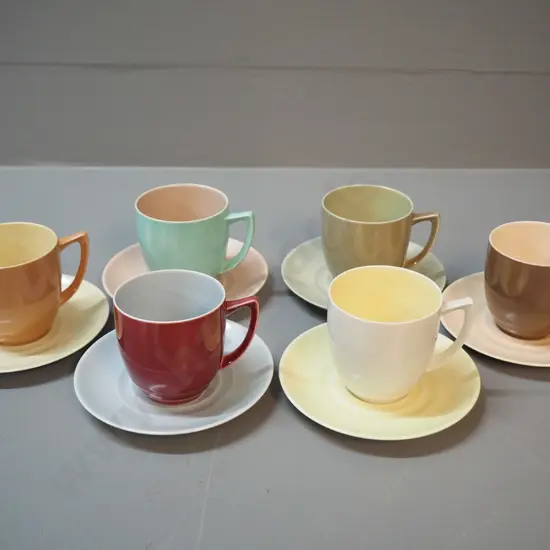 set of 6 Branksome various-coloured coffee cups & saucers