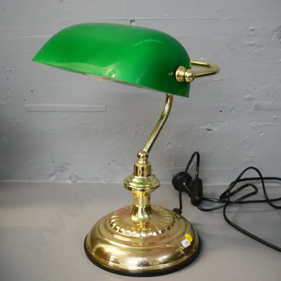 brass banker's lamp with green glass shade - some pitting to brass H-350 W-260