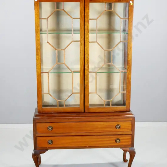 reproduction mahogany display cabinet 2 doors with astragals (some loose) 2 drawers, glass shelves H-1510 W-810 D-260