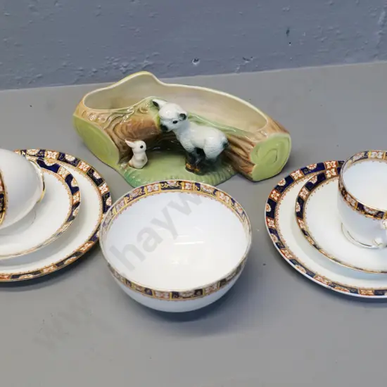 Hornsea lamb & rabbit trough vase L-220, Royal Albert Imari pattern sugar bowl and 2 trios