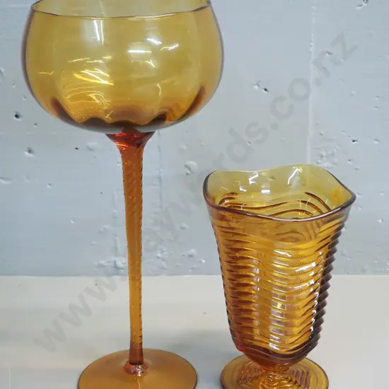 2 pieces of amber glass - large goblet H-360 and a ridged vase