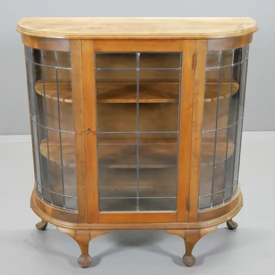 deco beech single door leadlight bow-front china cabinet with 2 shelves - polish needs some attention H930 W900 D340