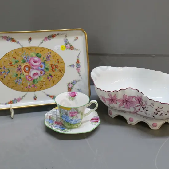 Limoges tray, unmarked vintage bowl with scalloped base, and a Melba ware hydrangea cup & saucer