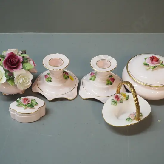 6 Royal Adderley 'Floral' pattern relief pattern items - pair of candlesticks H-70 W100 D100, jewellery pot, etc.