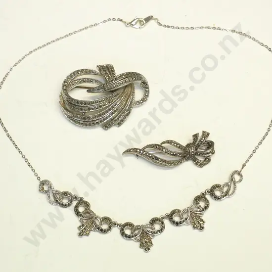 marcasite necklace & 2 marcasite brooches