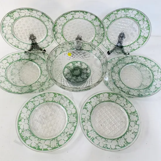 green cut-to-clear glass sweet set - comport bowl with mend and 9 plates, 3 with chips