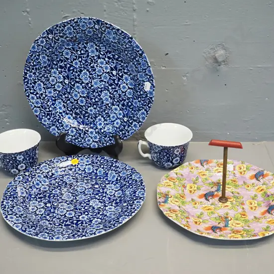 Burleigh Calico items - 2 plates D250 & 2 cups, and a Coronet ware AOF handled cake plate with brass and bakelite handle