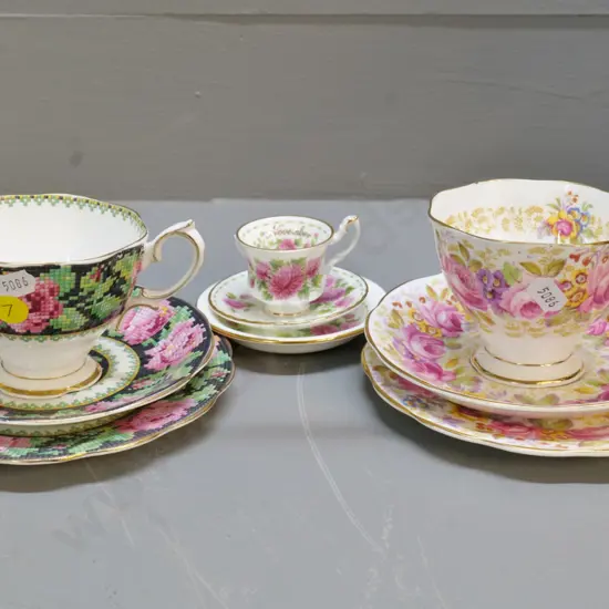 3 Royal Albert trios - Needlepoint and Serena and miniature November Chrysanthemum