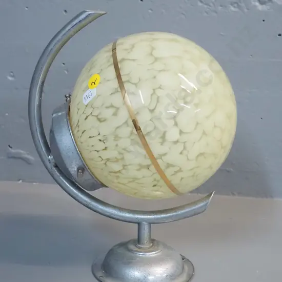 deco chrome wall scone light fitting w/globe shaped mottled glass shade with gilt band; pitting to chrome. Globe D-160