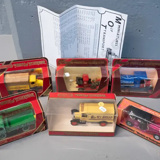 6 die-cast model vintage vehicles - Matchbox Models of Yesteryear - delivery vans & automobiles w/catalog sheets