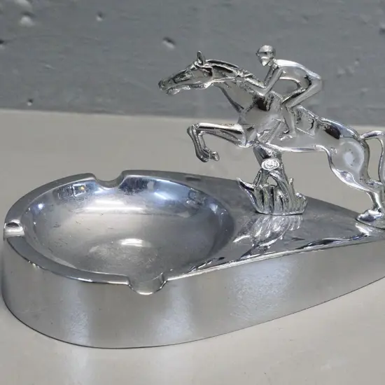 retro heavy chrome ashtray with jumping horse and rider H-90 L-150