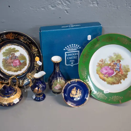 collection of Limoges items - large & small display plates, 2 jugs and vase. Larger plate D-220, chip to smaller plate