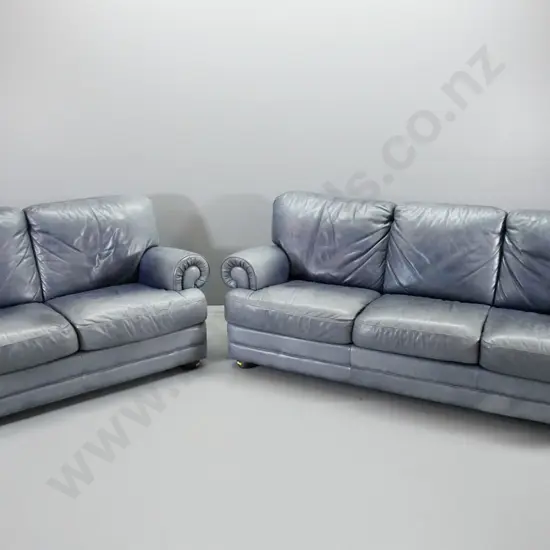 blue leather club-style 3-seater and 2-seater settees - fading & marks, needs cleaning - 3 seater H920 L2200 D960 is