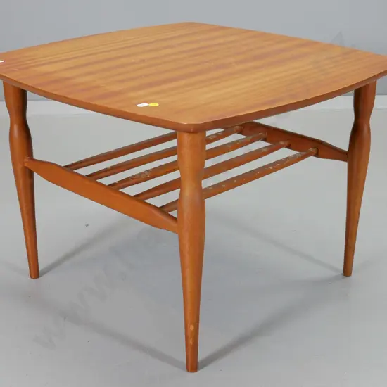 mid-century mahogany side table with magazine rack shelf - some fading to polish H-430 W600 D600