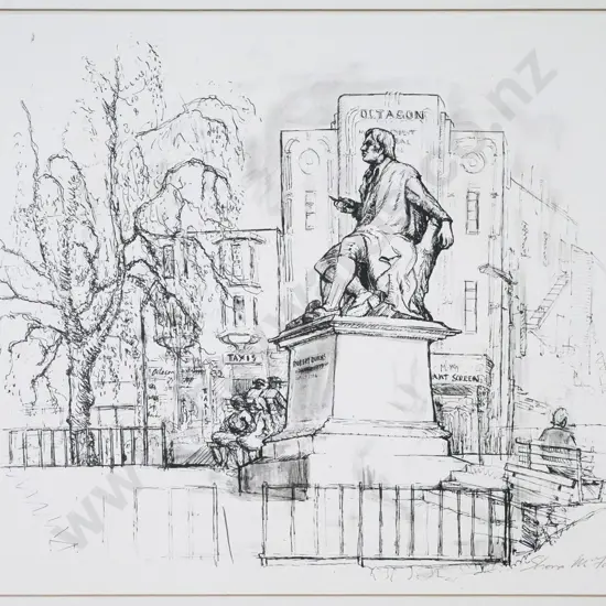mounted and signed Shona McFarlane print -  Robert Burns statue, The Octagon. H-380 W-500