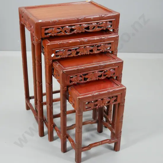 set of 4 Chinese nesting tables w/ carved rails - largest is H-710 W-490 D-360