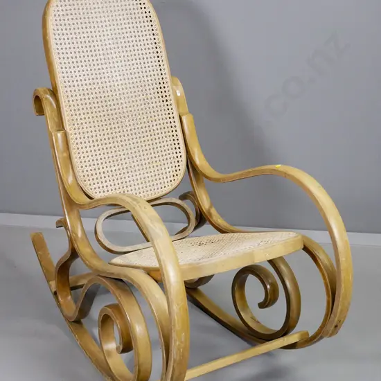 vintage bent wood rocking chair with bergere cane seat and back, polish needs work, small fault to cane H1000 W510 D1000