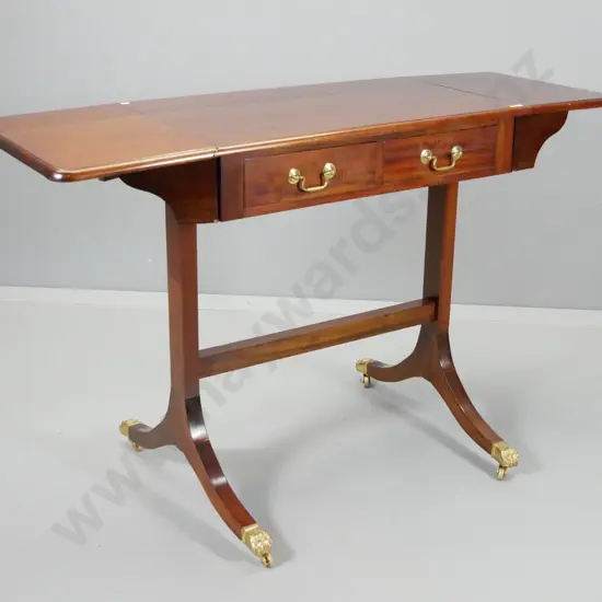 mahogany Regency-style drop-end hall table w/2 drawers, brass ball & claw feet & casters H840 D440 W1340 open