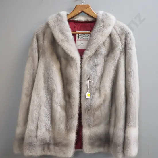 short grey Scandinavian mink jacket with Mutual Furs Dunedin label