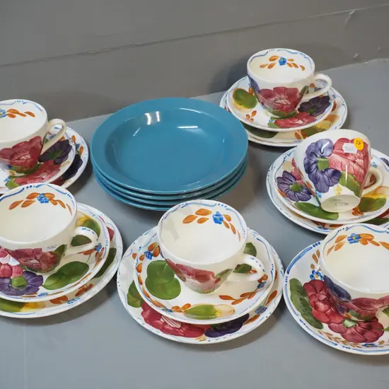 Crown Lynn items - 5 'Fleurette' trios and odd cup, 4 colour glaze bowls, and odd Belle Fiore saucer