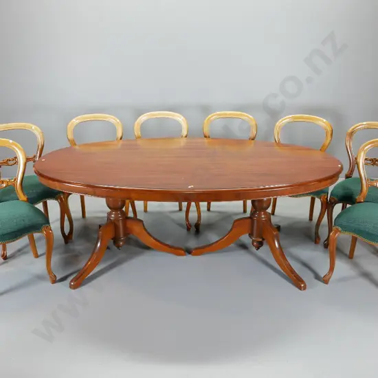 kauri oval twin pedestal dining table & 8 balloon back chairs w/green tweed seat - some timber fading H730 L1960 W1130