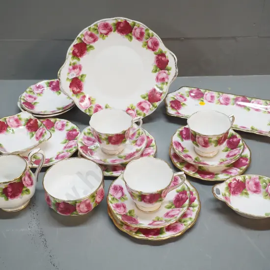Royal Albert Old English Rose tea ware - 3 trios (wear to gilt) cake plate, sandwich tray, cream and sugar, etc.