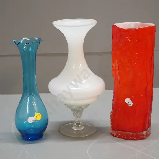 3 retro coloured glass vases - tallest is H-230
