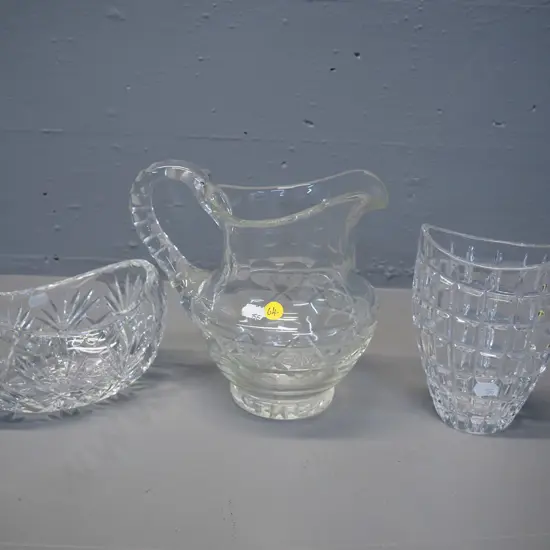 3 crystal items - 2 vases and a water jug H-200