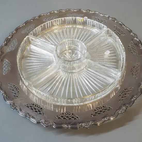 silver plated Lazy Susan with set of 5 glass inserts - Diameter 430