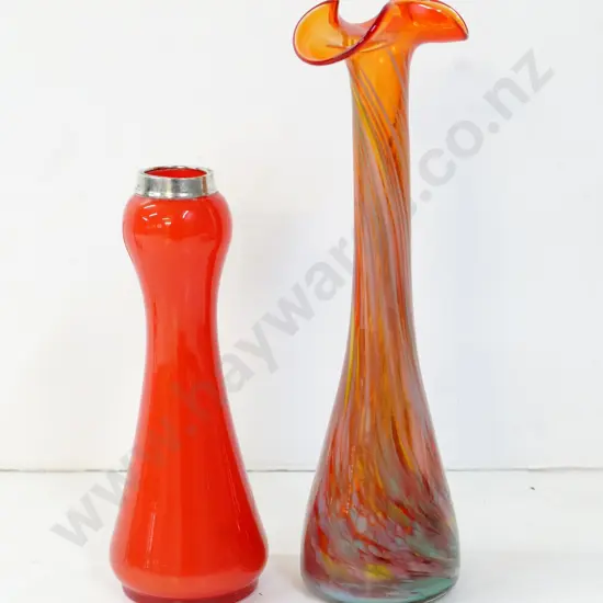 art glass vase H-270 and a small red glass vase with sterling silver rim (manufacturing fault to glass)