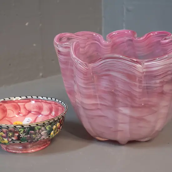 art glass pink and white waved edge vase H-140 D-190  & Maling pink thumbprint clematis pattern small bowl