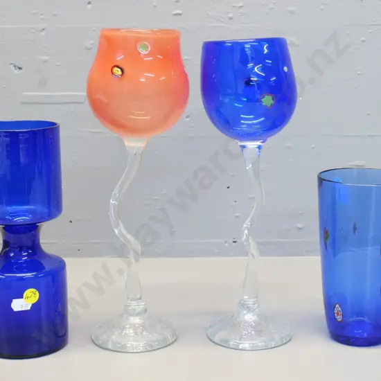 4 pieces coloured glass - blue waisted vase & tumbler and 2 clear stemmed goblets with millefiore insets, tallest H300