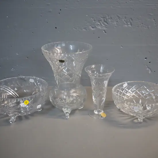 4 crystal items - two 3-footed bowls, Bohemian vase H-220 and a Webb-Corbett vase