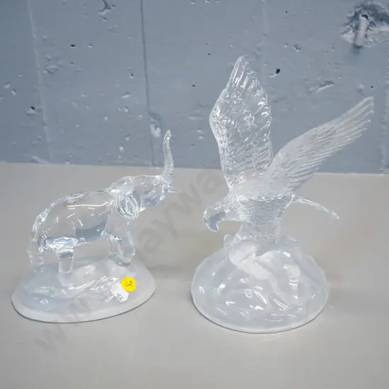 2 glass animal figures - eagle H200 with Crystal D'Arque France label and elephant