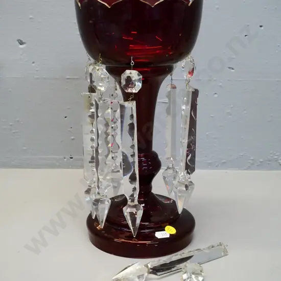 ruby glass lustre comport vase - 2 lustres needs new wire attachments H-310