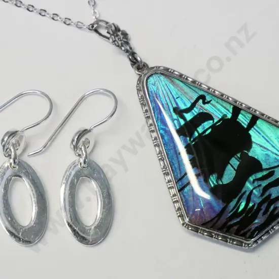 butterfly wing necklace [stamped sterling silver] & pair plain silver earrings [stamped 925]