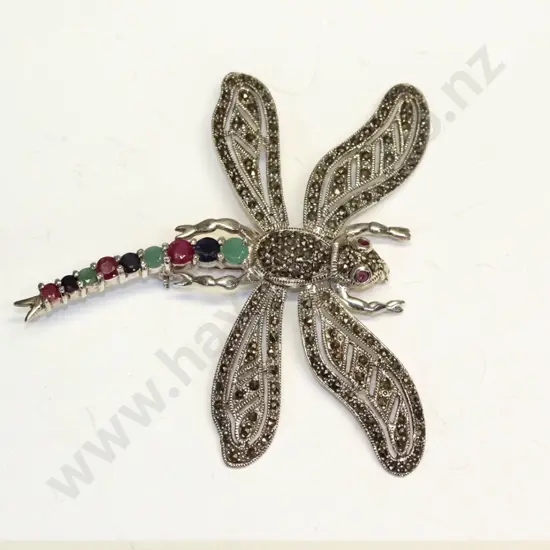 large marcasite & stone brooch stamped 925