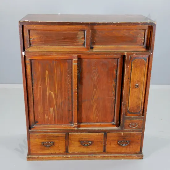Reproduction? Chinese pine cabinet with 4 drawers, 2 sliding doors - some wear to finish H940 W790 D360