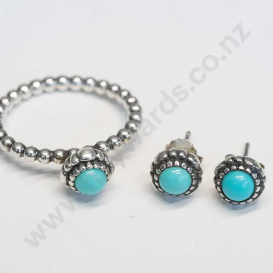 silver turquoise ring & earrings stamped 925