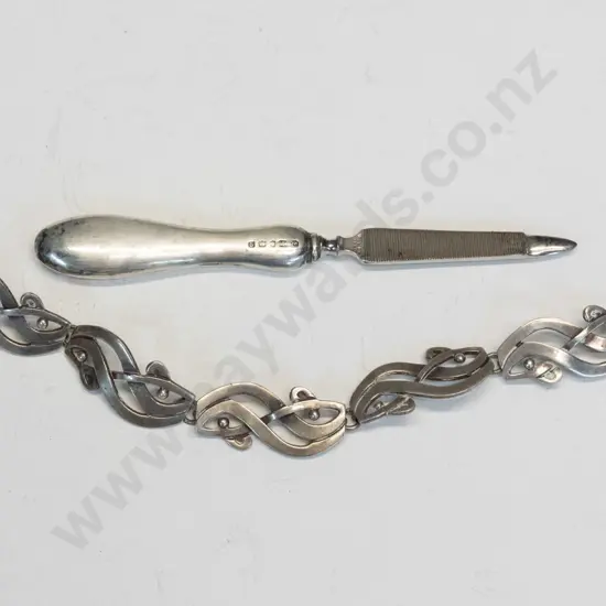 silver bracelet stamped 925 & silver nail file stamped ?, lion, q
