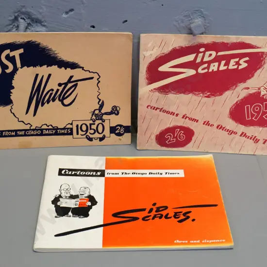 3 Otago Daily Times cartoon books - 1950 Waite and 2 Sid Scales - 1954 and 1958/59 - some foxing